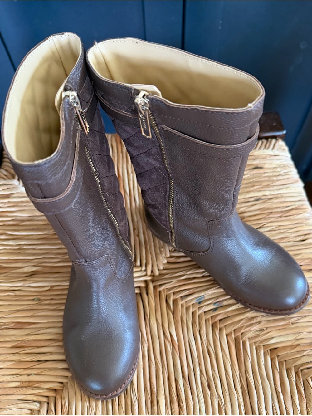 Janie and Jack Brown Zip Leather Girls' Riding Boots with Gold Bit Detail